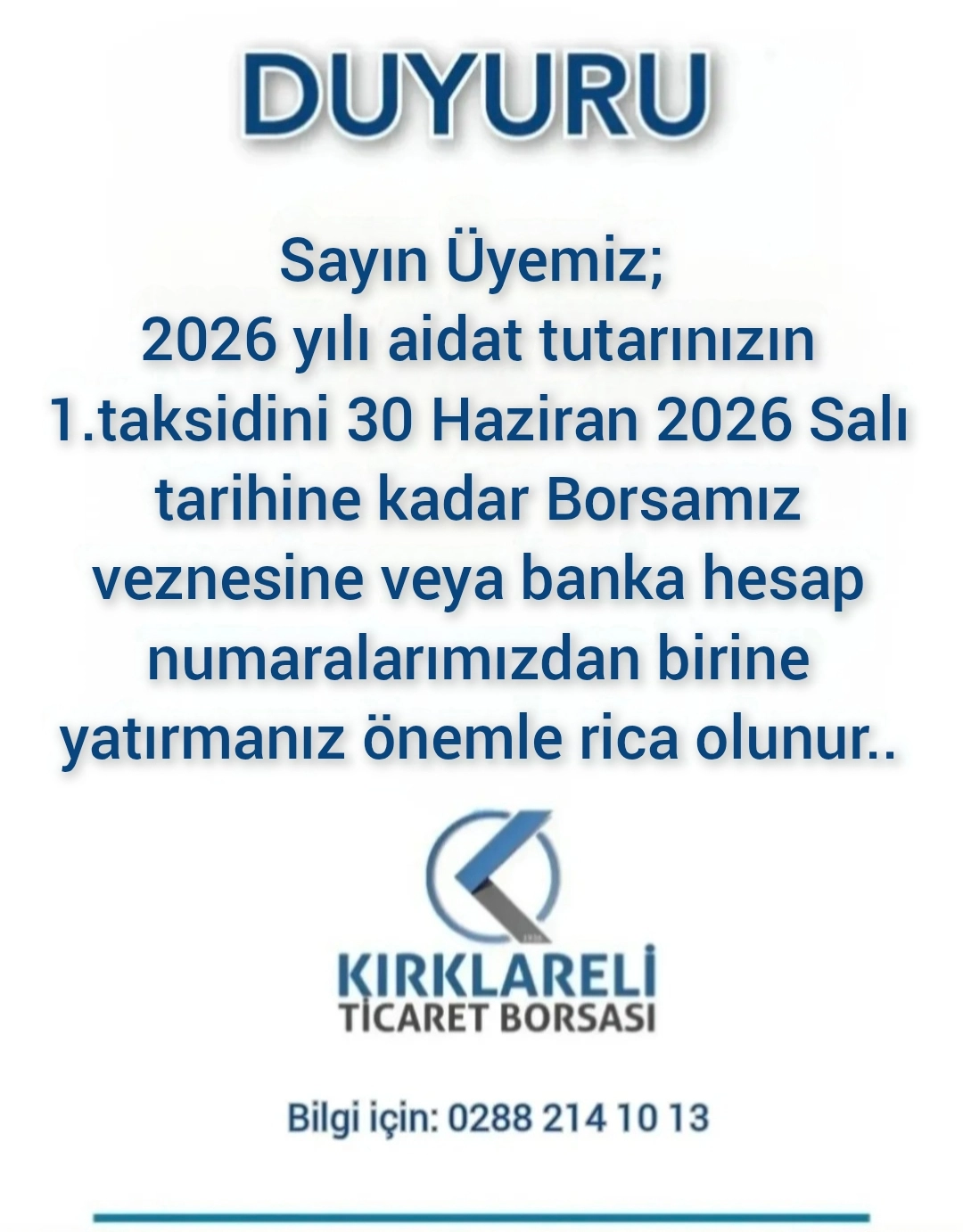 2026 Yılı Aidat Tutarı Ödeme Duyurusu