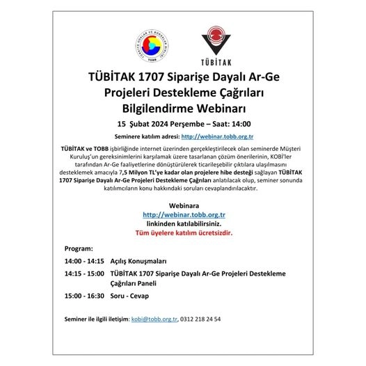 TÜBİTAK 1707 Siparişe Dayalı Ar-Ge Projeleri Destekleme Çağrıları Bilgilendirme Webinarı