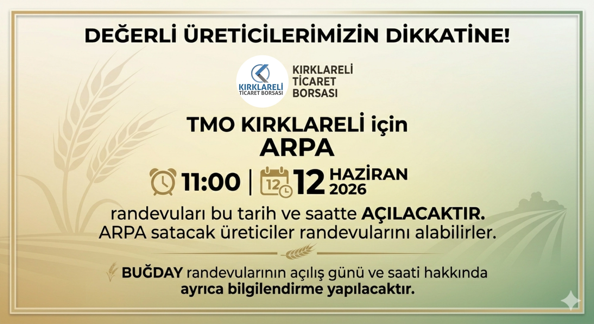 Toprak Mahsulleri Ofisi (TMO) Kırklareli İçin ARPA Randevuları Açıldı